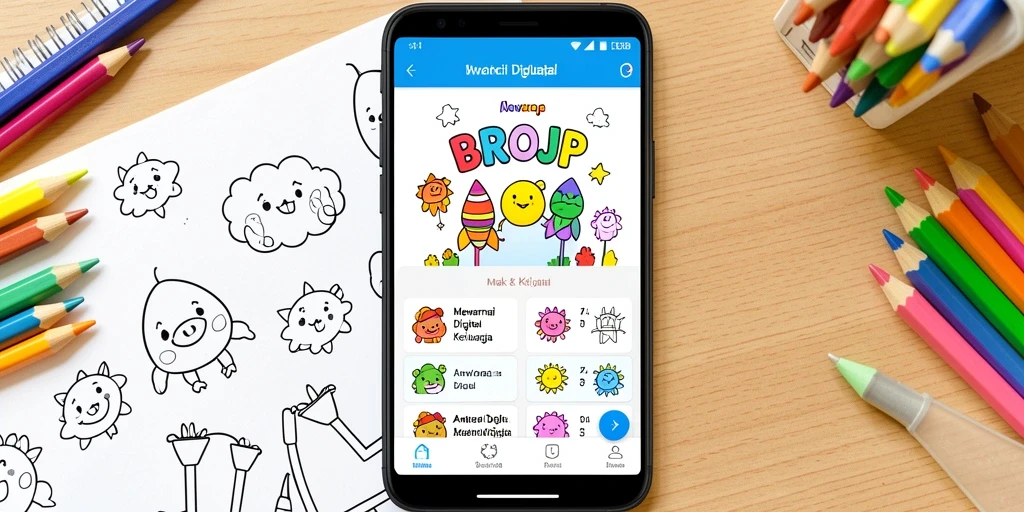 Tampilan antarmuka aplikasi Mewarnai Digital BROJP yang interaktif dan ramah anak.