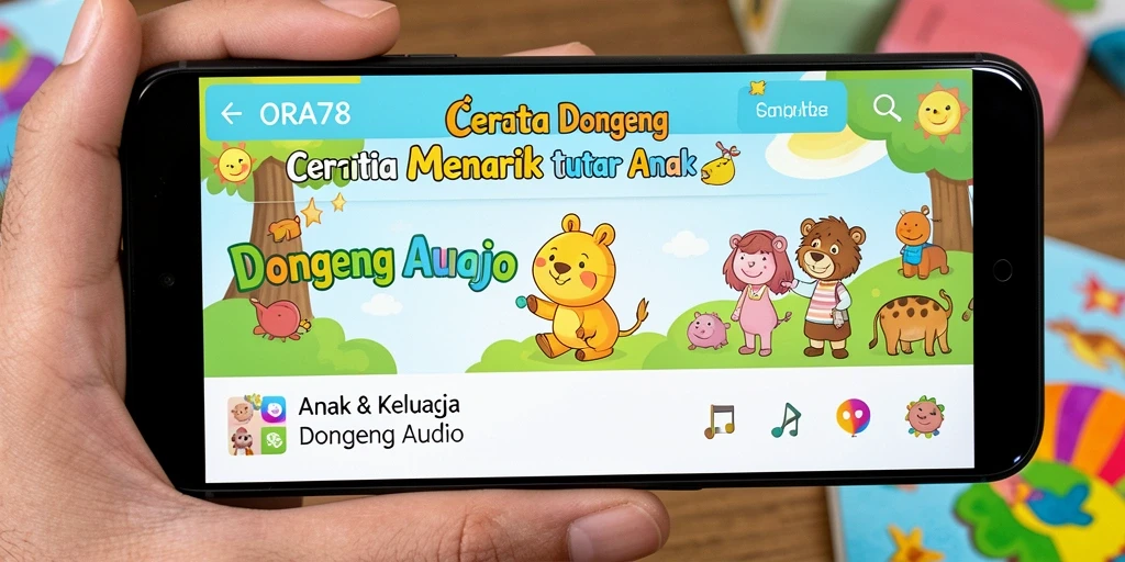 Tampilan antarmuka aplikasi ORA78 dengan berbagai pilihan dongeng audio.